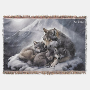 Fantasy Cute Wolf Family Winter Throw Blanket