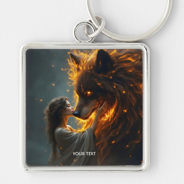 Fantasy Cute Wolf Girl Fire Keychain (Front)