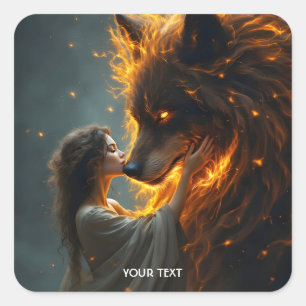 Fantasy Cute Wolf Girl Fire Square Sticker