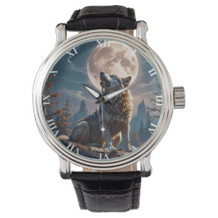 Fantasy Cute Wolf Howling To Moon Watch