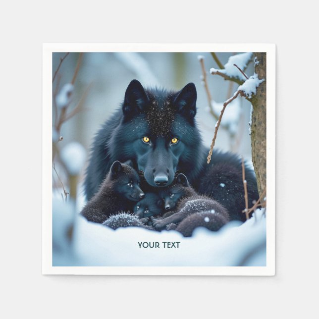 Fantasy Cute Wolf Two Pups Napkin (Front)
