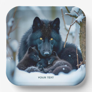Fantasy Cute Wolf Two Pups Paper Plate