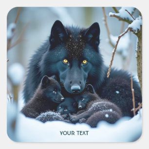 Fantasy Cute Wolf Two Pups Square Sticker