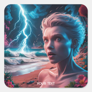 Fantasy Cute Woman Lighting Sea Square Sticker