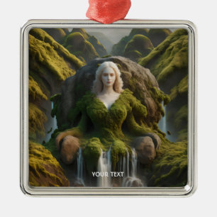 Fantasy Cute Woman Moss Waterfall Metal Ornament