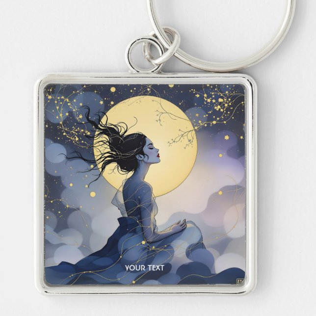 Fantasy Cute  Woman Trees Moon Keychain (Front)