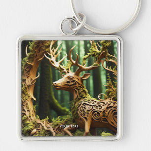 Fantasy Cute Wooden Carving Deer Keychain