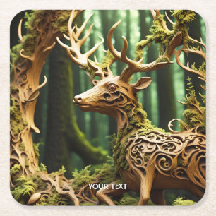 Fantasy Cute Wooden Carving Deer Square Paper Coaster
