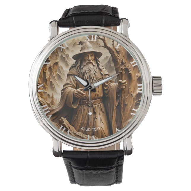 Fantasy Cute Wooden Carving Wizard Watch (Front)