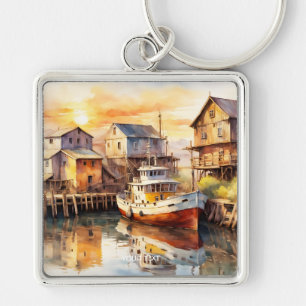 Fantasy Cute Wooden Fishing Trawler Keychain