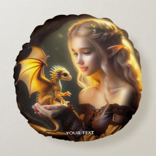 Fantasy Cute Yellow Baby Dragon Round Pillow