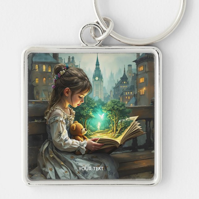 Fantasy Cute Young Girl Reading Keychain (Front)