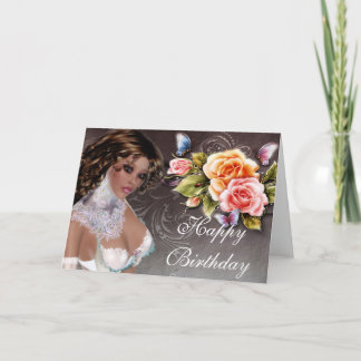 Fantasy Dark Skin Brunette with Rose Birthday Card