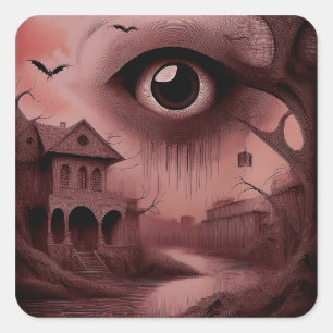 Fantasy: Dilapidated House With Giant Eyeball  Square Sticker