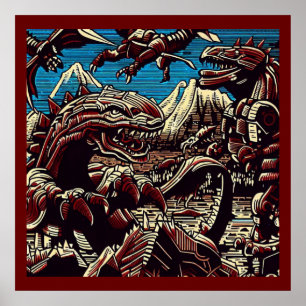 Fantasy Dinosaur Robots Anime - Woodcut 2 Poster