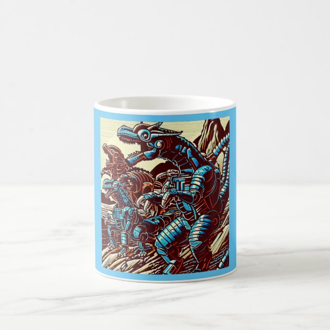 Fantasy Dinosaur Robots Anime - Woodcut 3 Coffee Mug (Center)