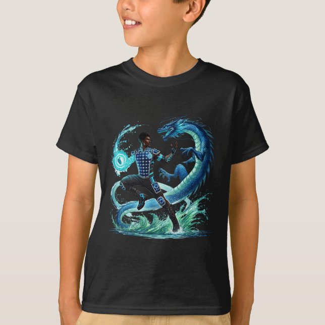 Fantasy Dragon African American Black Man Superher T-Shirt (Front)