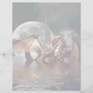 Fantasy Dragon and Rising Moon over Ocean