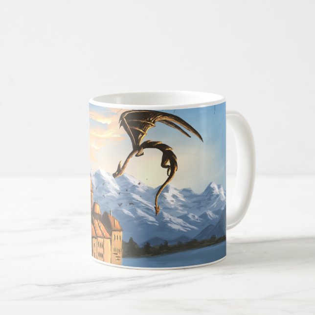 Fantasy dragon over the castle coffee mug (Front Right)