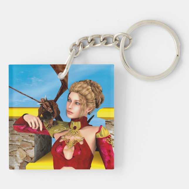 Fantasy Dragon Princess Digital Art Keychain (Back)