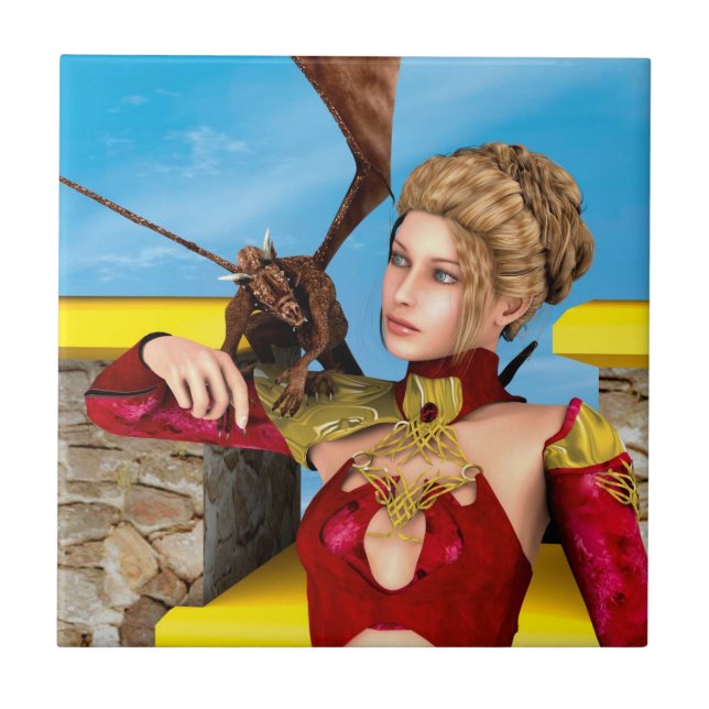 Fantasy Dragon Princess Digital Art Tile (Front)
