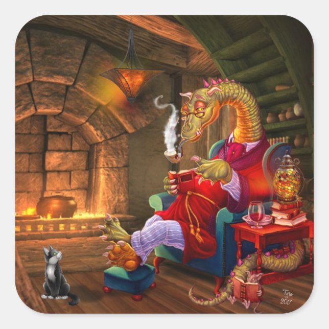Fantasy Dragon Reading By The Fireplace Square Sticker (Front)