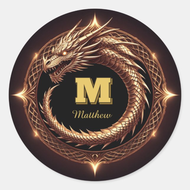 🐉 Fantasy Dragon Ring Frame Custom Initial Badge  Classic Round Sticker (Front)