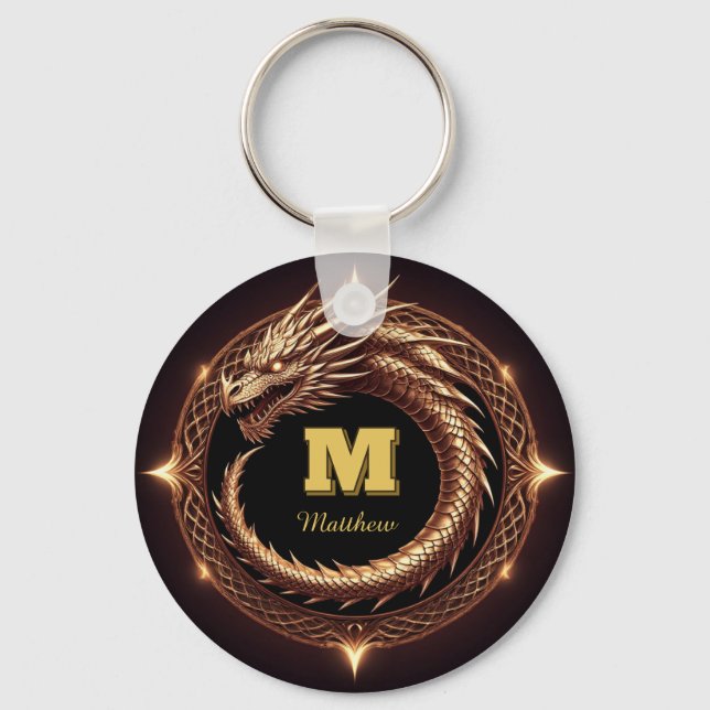 🐉 Fantasy Dragon Ring Frame Custom Initial Badge  Keychain (Front)
