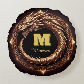 🐉 Fantasy Dragon Ring Frame Custom Initial Badge Round Pillow