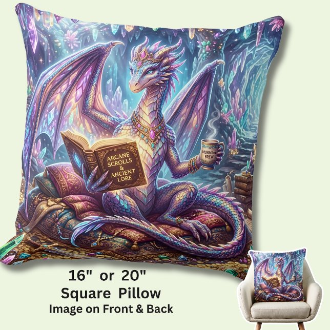 Fantasy Dragon with Book & Coffee Throw Pillow (Creator Uploaded)