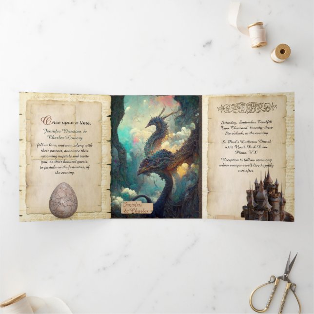 Fantasy Dragons and Castle Fairytale Wedding Tri-Fold Invitation (Inside)