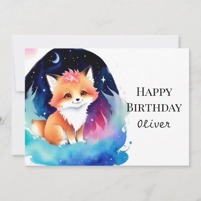  Fantasy Editable Fox Birthday Card (Front)