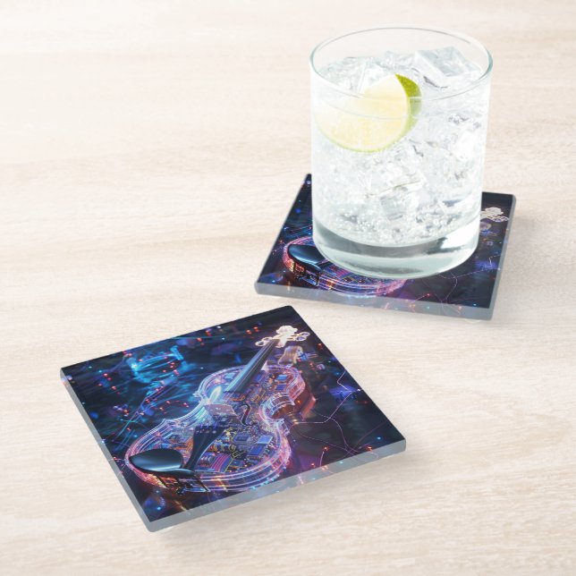 Fantasy Electric Neon Glass Violin Digital Art Coaster (Angled)