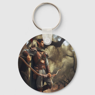 Fantasy Elf Archer Resting in Enchanted Oak Forest Keychain