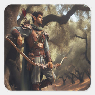 Fantasy Elf Archer Resting in Enchanted Oak Forest Square Sticker