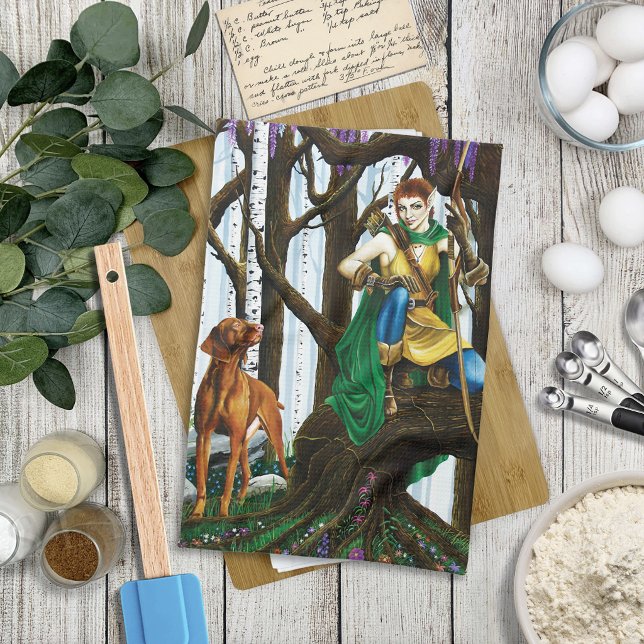 Fantasy Elf Archer Vizsla Dog Enchanted Forest Kitchen Towel (Creator Uploaded)