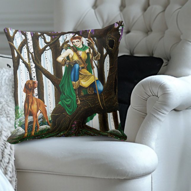 Fantasy Elf Archer Vizsla Dog Enchanted Forest Throw Pillow (Creator Uploaded)
