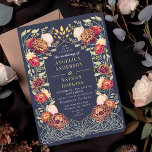 Fantasy Enchanted Floral Garden Wedding Invitation<br><div class="desc">This elegant, whimsical, Fantasy Enchanted Floral Garden design is perfect for an enchanted forest-themed celebration or a garden party. This design features pink and red floral elements in a frame of green leaves and gold accents against a blue background. Matching items in our shop for a complete party theme. The...</div>