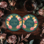 Fantasy Enchanted Floral Garden Wedding  Round Paper Coaster<br><div class="desc">Elegant,  whimsical,  Fantasy Enchanted Floral Garden wedding design perfect for either an enchanted forest-themed celebration. This design features floral elements in a frame of green leaves,  and gold accents. Matching items in our shop for a complete party theme.</div>