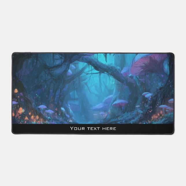 Fantasy Enchanted Mushroom Forest Blue Woodland Desk Mat (Front)