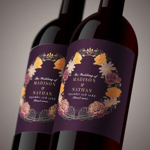 Fantasy Enchanted Purple Orange Floral Wedding  Wine Label