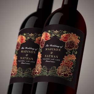 Fantasy Enchanted Red Floral Wedding  Wine Label