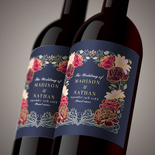 Fantasy Enchanted Red & Pink Floral Wedding  Wine Label