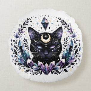 Fantasy Esoteric Crystal Black Cat Round Pillow