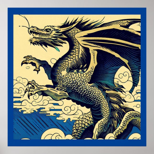 Fantasy European Dragon - Woodcut 3 Poster (Front)