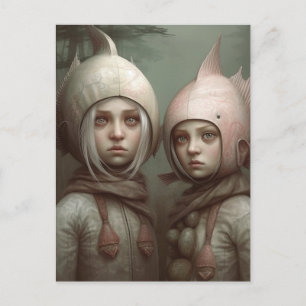 Fantasy Fairy Tale Children With Fish Hats Postcard