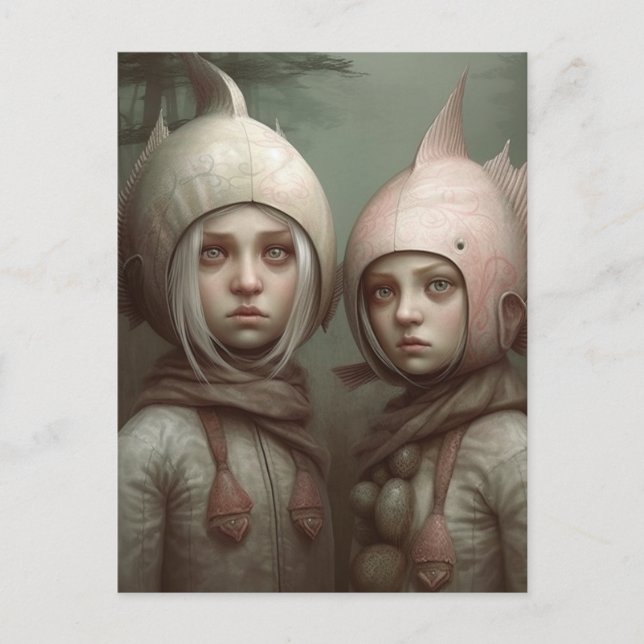 Fantasy Fairy Tale Children With Fish Hats Postcard (Front)