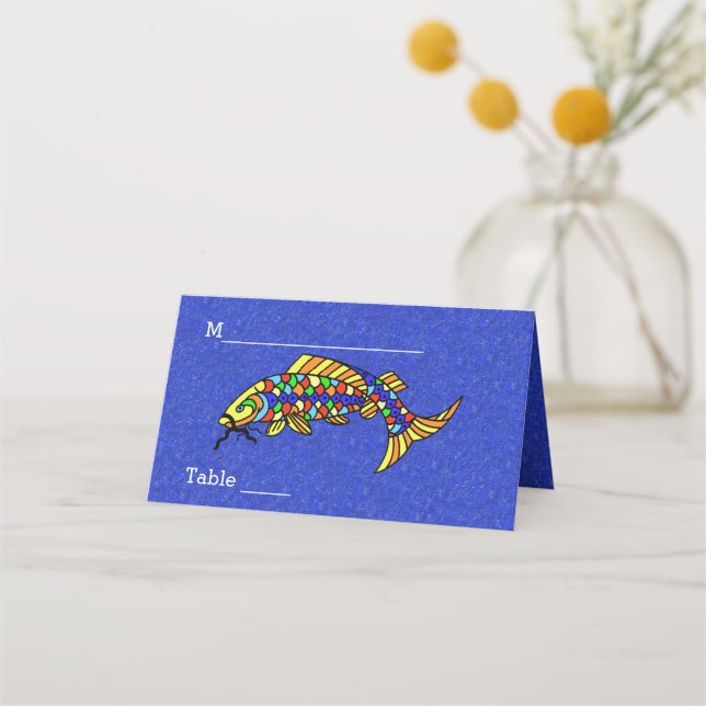 Fantasy Fancy Fish Colourful Scales Vibrant Blue Place Card (Front)