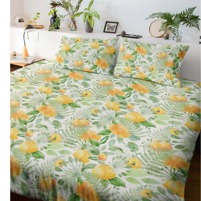 Fantasy Fern and Floral Lemon-y Pillowcase (Lemon yellow and fern green floral pattern pillowcases)