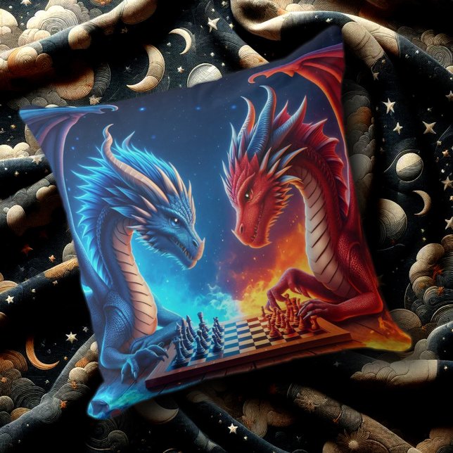 Fantasy Fire and Ice Dragons Playing Chess Throw Pillow (Fire and Ice Dragon Chessmasters Throw Pillow Cover Photo)